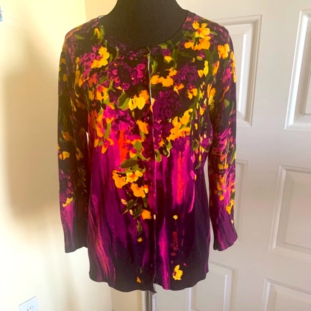 Grace Elements Purple Fuchsia And Gold Silk Floral Cardigan Sweater Size S